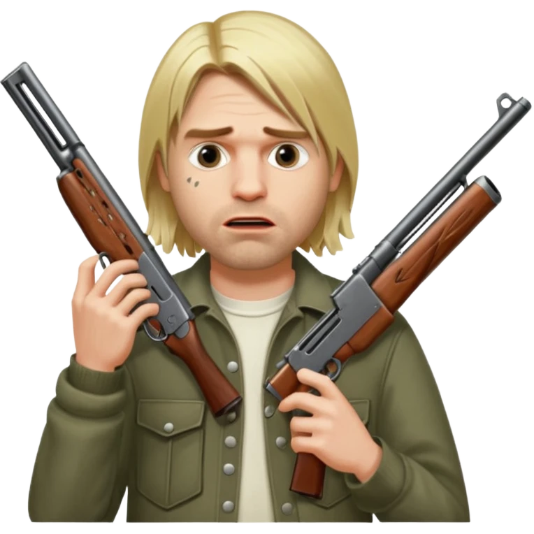 Kurt Cobain thoughtfully holds a double-barreled shotgun aimed at his open mouth. emoji