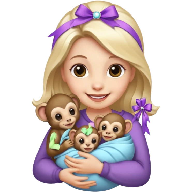 woman holding baby monkeys with ribbons and crystals emoji