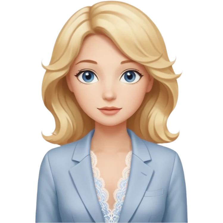 Telegram-style sticker pack of a gentle woman with fair skin, wavy honey-blonde hair, and calm gray-blue eyes. She wears blush lace lingerie and a white blazer, radiating warmth and confidence. Stickers are lively, bright, and expressive, with a soft romantic tone. emoji