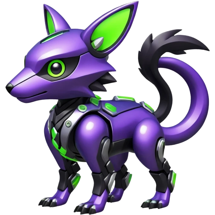 Futuristic modern mechanical badass cool shiny metallic alloy black-obsidian purple neon-green white lime animal hybrid Fakemon full body emoji