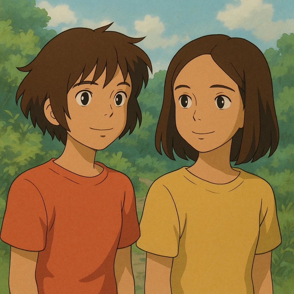 dos chicas, una con pelo corto desmechado en capas hasta la barbilla, castaña, piel morena; la otra con pelo lacio hasta el hombro, castaña, piel morena, estilo ghibli emoji