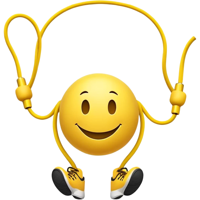 smiley face character jumping rope, energetic pose emoji