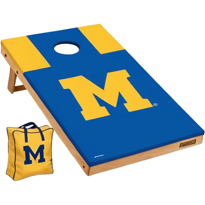 Cornhole board blue and yellow with Michigan “M” With a  cornhole bag emoji