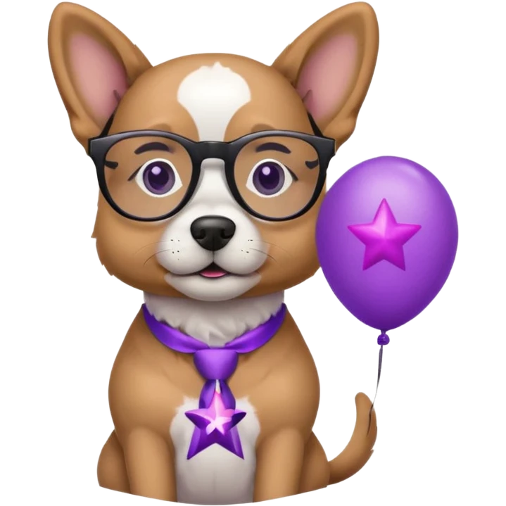 dog holding purple star balloon in hand with black glasses close view  emoji