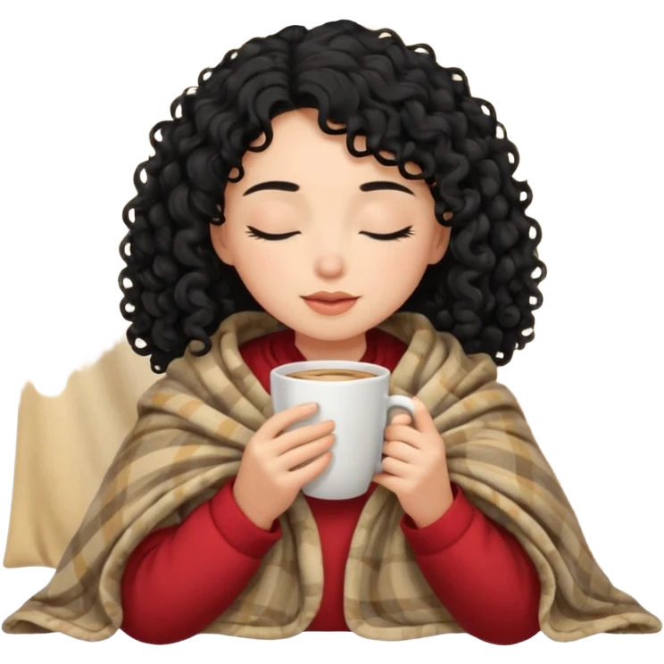 girl with black curly hair inside a blanket sipping coffee eyes closed emoji