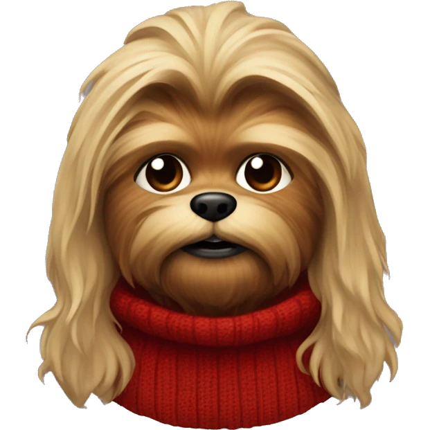Create old shitzu blonde colored with brown nose and Chewbacca look. Red sweater turtleneck. Disheveled face  emoji