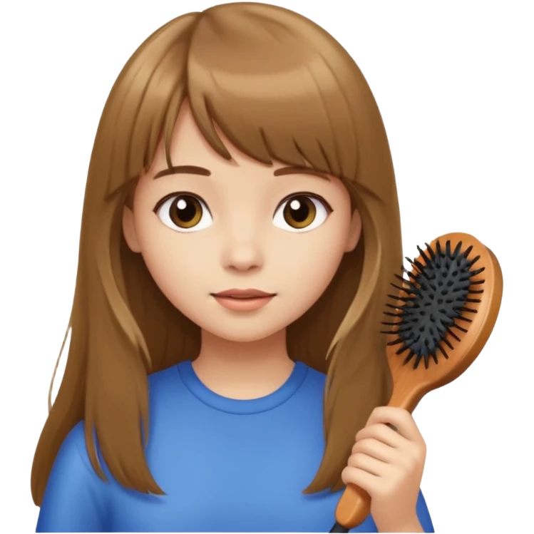 a girl with light skin and medium brown long hair with bangs who is brushing her hair with a hairbrush emoji