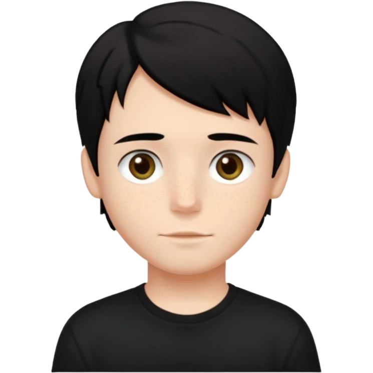 A beautiful boy with black hair and hazel green and brown eyes and white skin , with dark freckles and black t shirt with HAIRCUT: middle part hair hair with a center part haircut  emoji