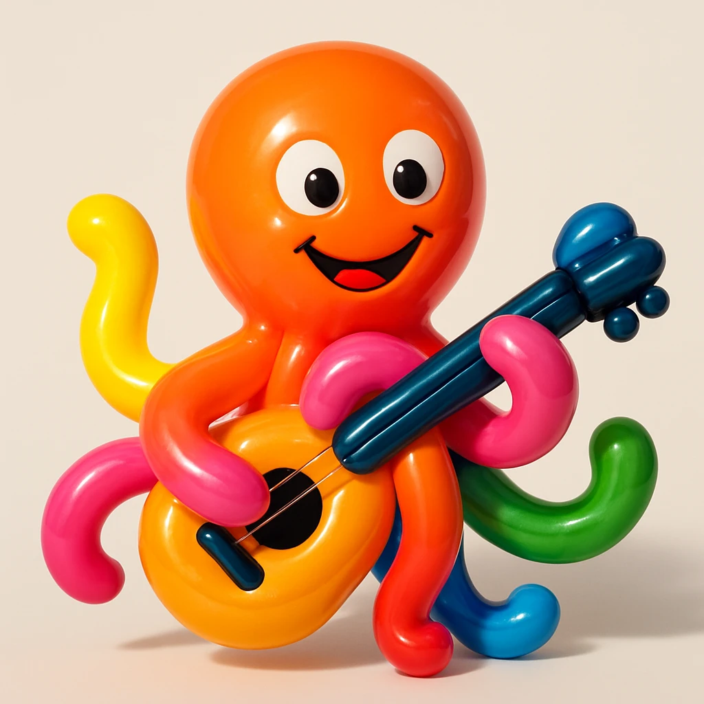 happy octopus with multiple arms playing guitar emoji