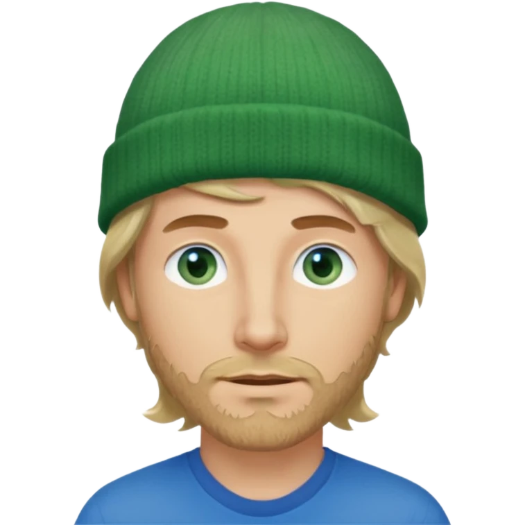 white man, mid thirties, blue eyes, mid length wavy hair, green beanie hat, stubble, face only emoji