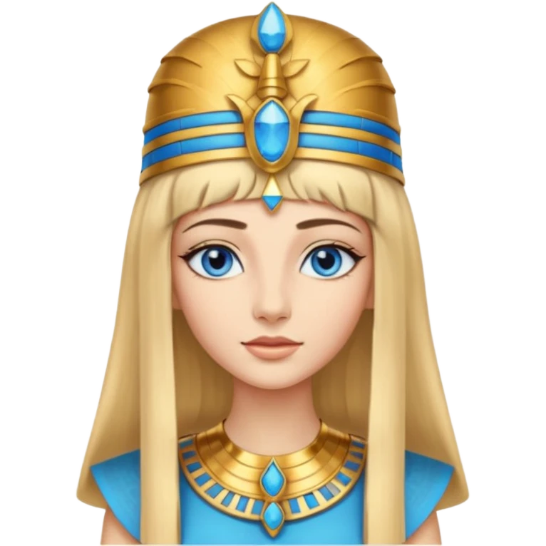 Cleopatra vestita da faraone con il cappello da faraone ma con gli occhi azzurri e i capelli lunghi biondi non troppo chiari con il cappello da faraone dorato senza frangia capelli medio lunghi   emoji