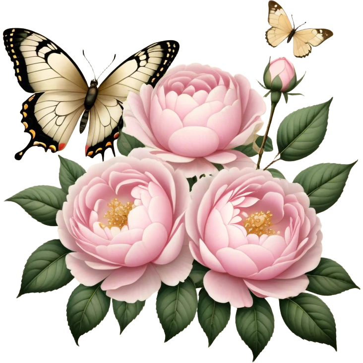 A vintage-inspired botanical illustration on aged parchment, featuring meticulously hand-drawn soft pink roses and lush white peonies with golden ink accents, while a pearl butterfly appears as if painted delicately onto the page.
 emoji