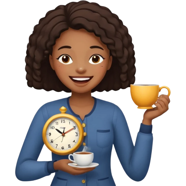 a black girl laughing with her eyes closed with a clock and tea in her hands with her eyes closed emoji