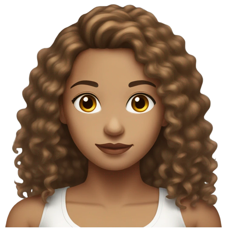 a light skin bi racial young woman with long brown curly hair dark brown eyes in a white tank top emoji