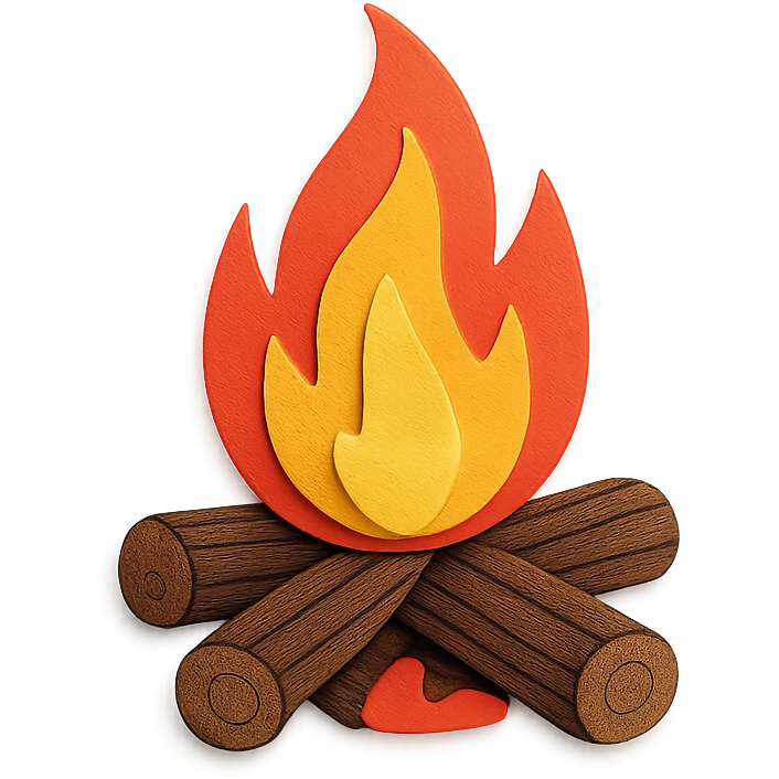 close-up of a campfire, fine paper edges, realistic flames, logs burning, glowing embers emoji