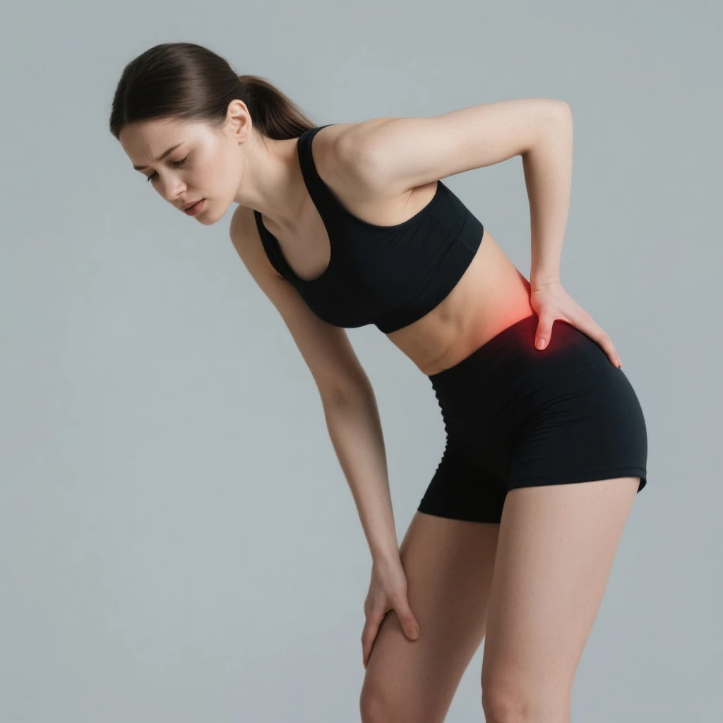 Donna in abbigliamento sportivo, che si piega leggermente in avanti tenendosi l'anca destra per il dolore, sfondo neutro emoji