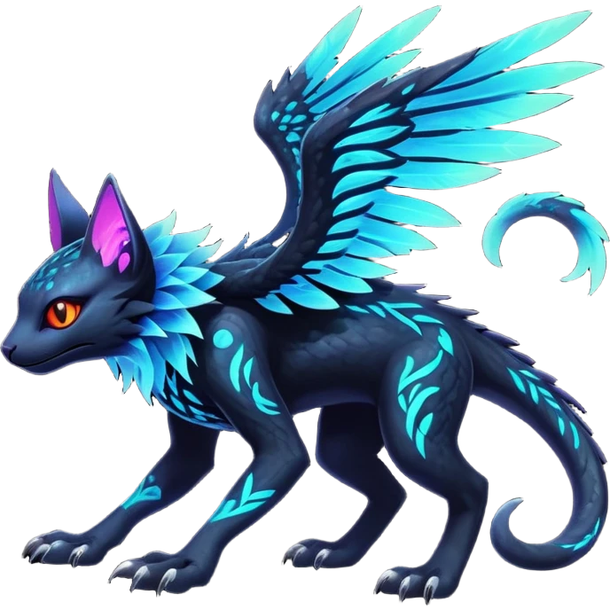 Black Dark Exotic Beaked Feathery Nocturnal Neon-glowing Abyssal Nightly Abyss-Cat-Gryphon-Salandit-Nargacuga-Silvally-Fakémon Creature (full body) emoji