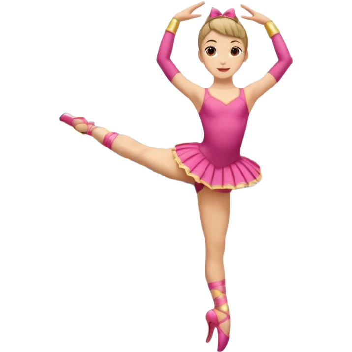 Una chica con vestuario de bailarina con las piernas flexionadas, el dedo índice en la boca, el tren superior inclinado hacia la izquierda y con la cadera proyectada hacia la izquierda emoji
