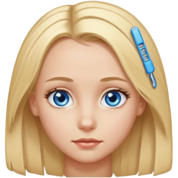 blonde girl, blue eyes with clips in hair and the biggest forehead ever emoji