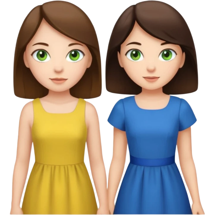 A brunette sister with green eyes and a brunette sister with green eyes in different clothes standing happily emoji