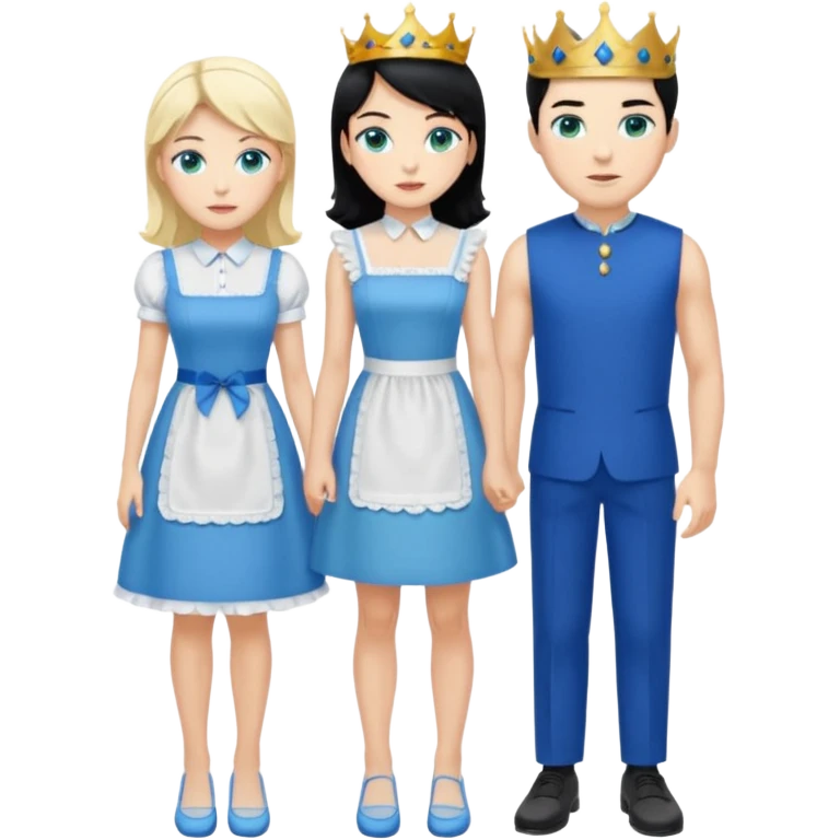 King, black hair, body, legst, blue eyes, blue garmont,  shoes, blonde maid, green eyes, sexy short sleveless White dress, shoes emoji