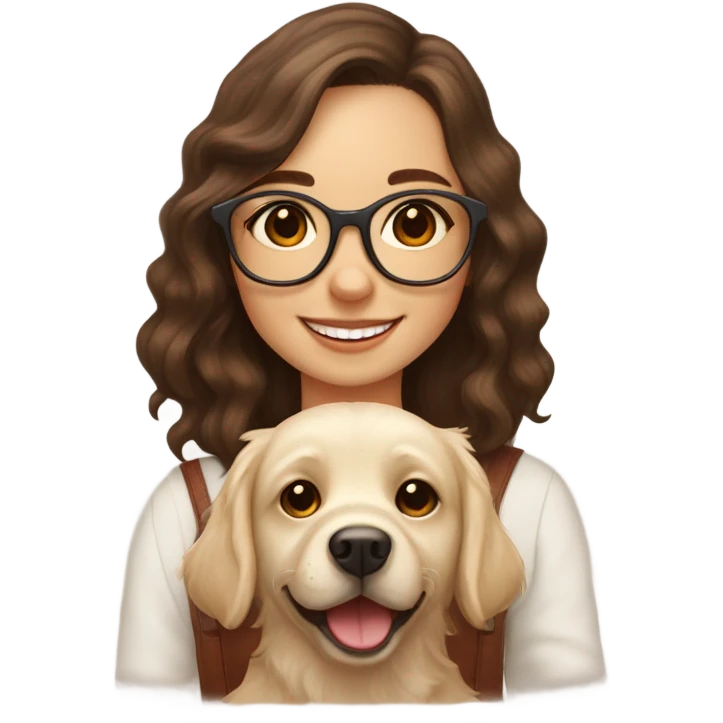 Smiling girl with long dark wavy brown hair and red glasses next to a shaggy beige Labrador puppy emoji