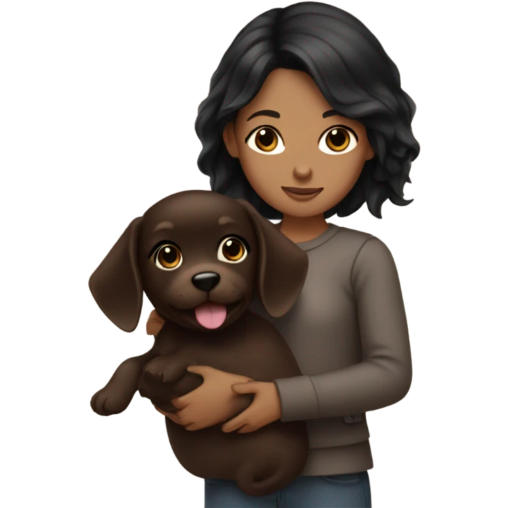 girl with black hair holding chocolate brown puppy  emoji