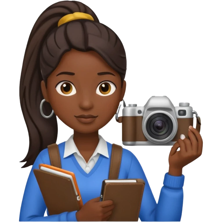 journalist dark skin woman ponytail holding camera and notebook emoji