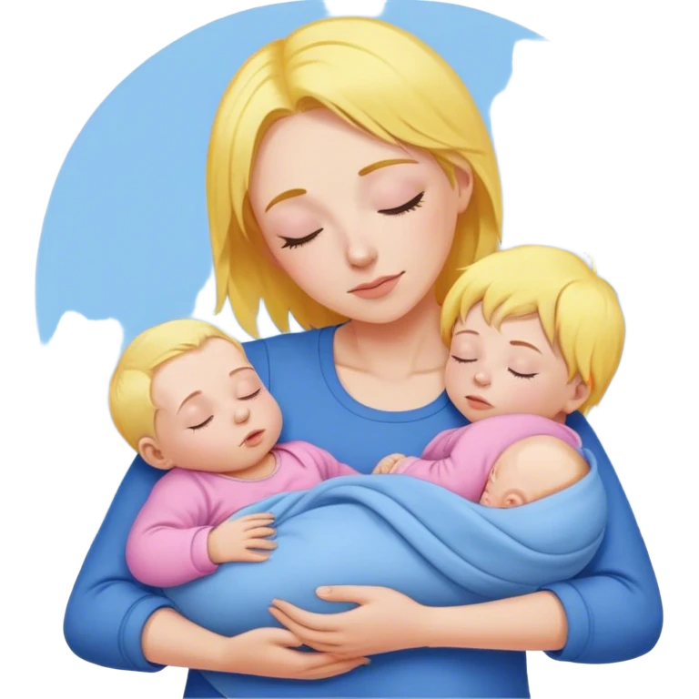 Mother is holding a baby, the mother has yellow hair and pink clothes, the baby is sleeping in blue clothes emoji