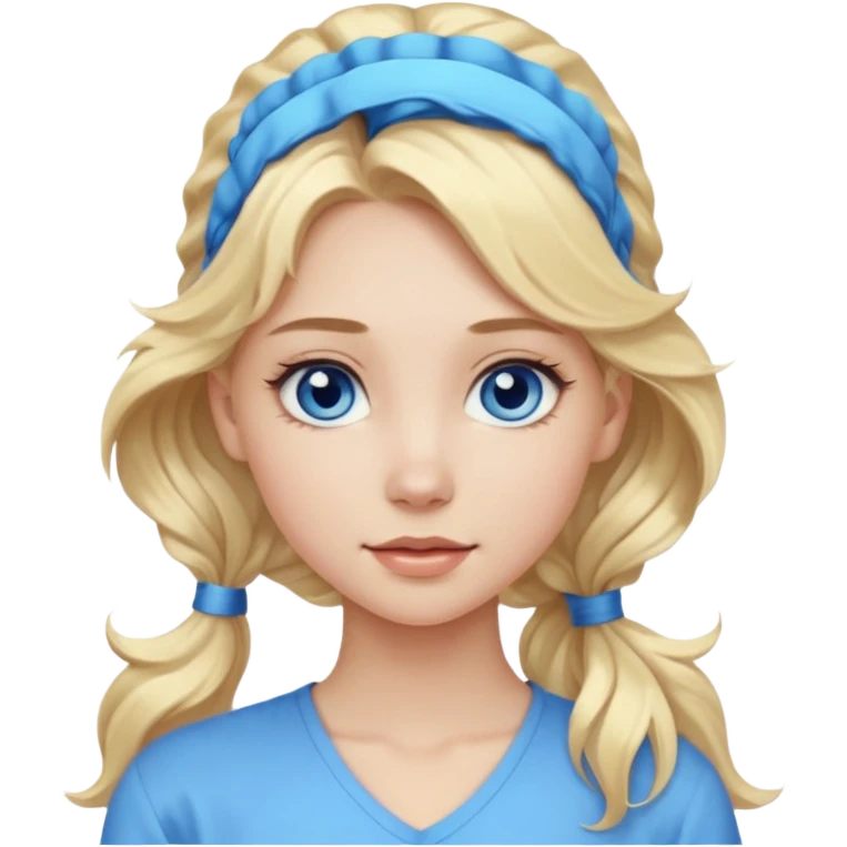 A pale girl with blue eyes and long and blonde , wavy hair in a pony tail emoji