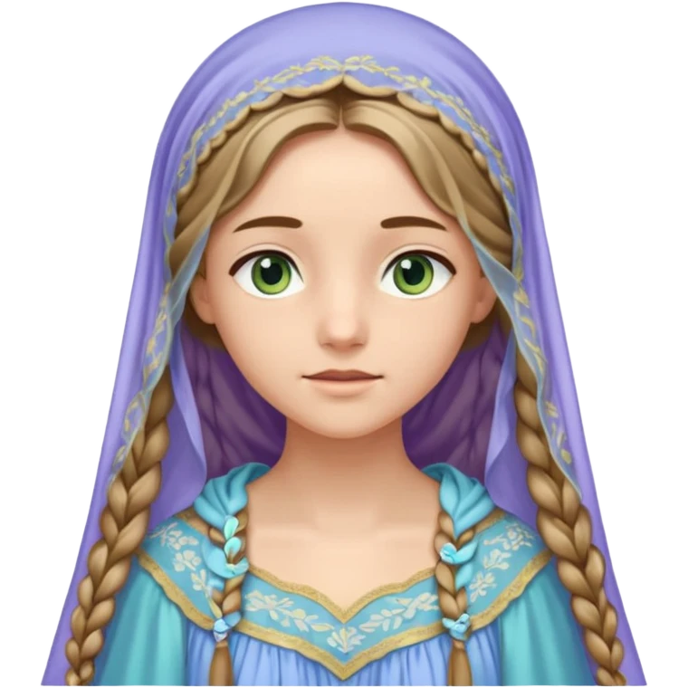 Joven de unos 20 años, de aspecto dulce y elegante.
Piel clara, ojos expresivos (pueden ser azules o verdes)
Rubio o castaño claro, largo, con trenzas o velo.
Vestido largo de tonos suaves (blanco, azul o lavanda), con bordados dorados; un manto o toca fina cubriendo la cabeza. emoji
