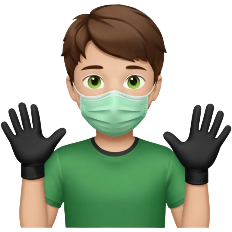 Chico de pelo marrón y ojos verdes, con un cubre boca, que tiene una camisa verde por encima de una remera blanca, y tiene un guante negro en una sola de las manos. Estilo animado emoji
