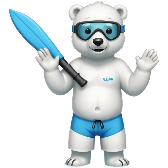 friendly anthropomorphised polar bear standing in a puddle of water, wearing board shorts, scuba mask over eyes with snorkel tube emoji