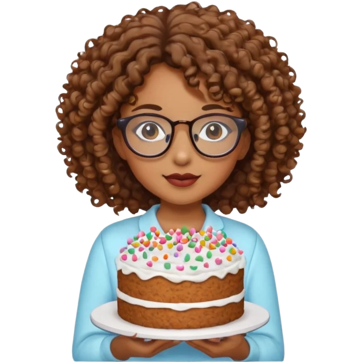 Brown Curly haired girl wearing glasses with a cake emoji