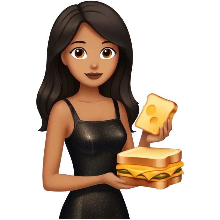 Beautiful woman in 1950’s woman fashion look, black shimmery dress, long dark brown hair, grilled cheese sandwiche emoji