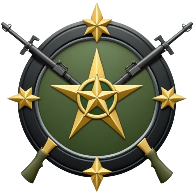 Insignia militar realista para videojuegos de guerra (estilo Delta Force), forma de escudo metálico con bordes desgastados. Incluye:

Símbolo: [fusiles cruzados / águila / estrellas / espada] Insignia redonda con fusil cruzado y una estrella, metal rayado, verde oliva y negro. emoji