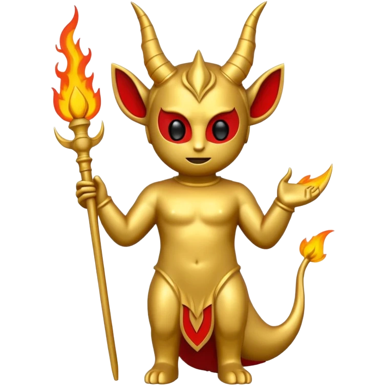 Minimalist emoji-style sticker of a full-body Oscar-like statue in gold color, with subtle devilish elements: small horns on the head, a pointed tail, and fire around the base. Flat design, thick lines, black, gold, and red color palette, silhouette style, centered on white square background. emoji