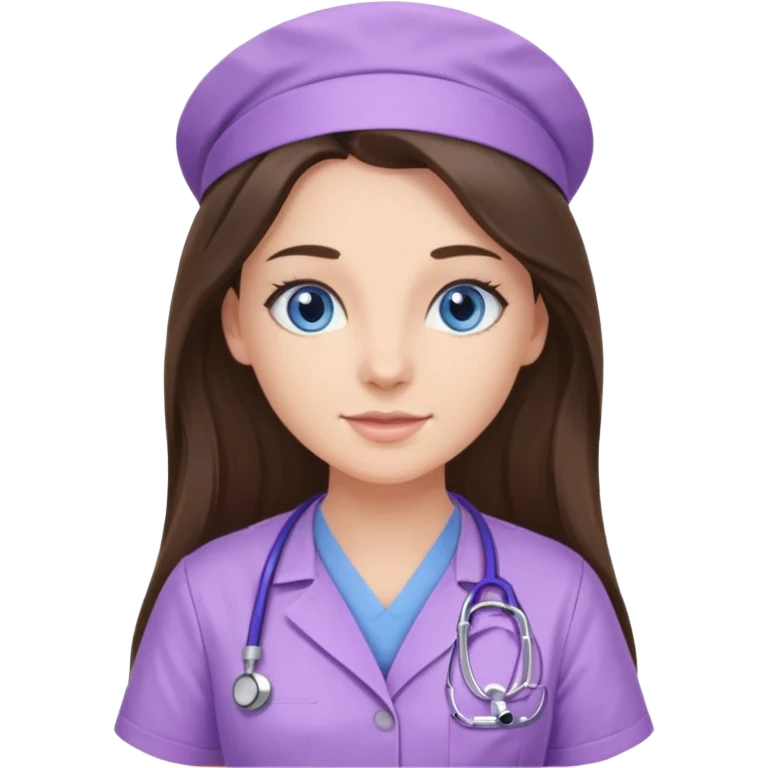 pretty brunette nurse with long hair and blue eyes in lilac scrubs emoji