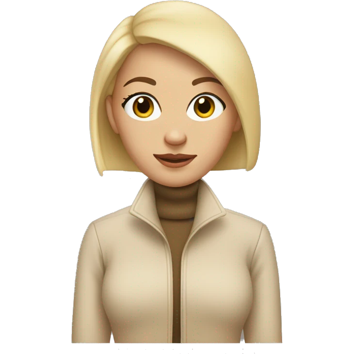 a bald girl wearing a white turtleneck sweater and a beige jacket out the sweater. She is bald emoji