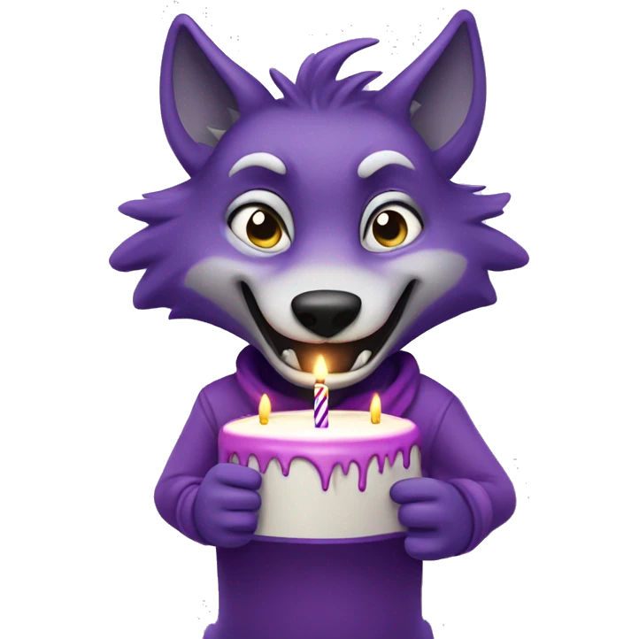 Purple, anthropomorphic wolf blowing out birthday candles emoji
