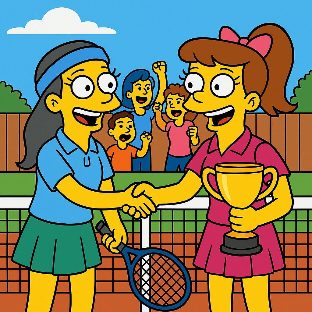  2 female tennis players standing on closed tennis courte. Congratulating each other shaking hands and smiling, one of them is holding a cup for winning. At the background the spectators cheering emoji