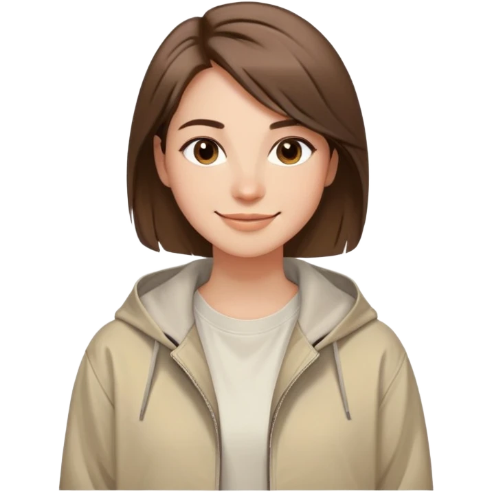 smiling face with soft straight brown hair swept to one side, warm and creative eyes, wearing neutral-toned aesthetic clothing including light oversized jacket and artistic tee, expression conveys positive energy style and originality emoji