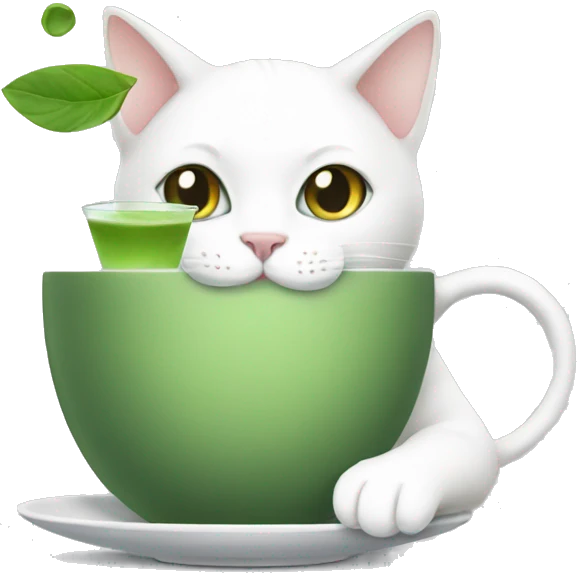 white cat drinking matcha out of a cup emoji