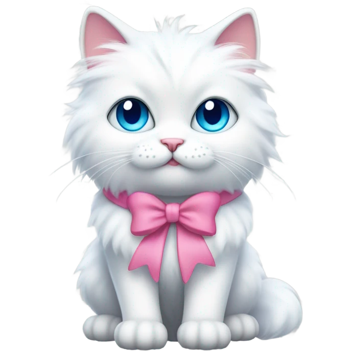 White fluffy cat with blue cute eyes with pink bow on top of the head on the right side (don’t make it just face, make the whole cat with fluffy tail) emoji