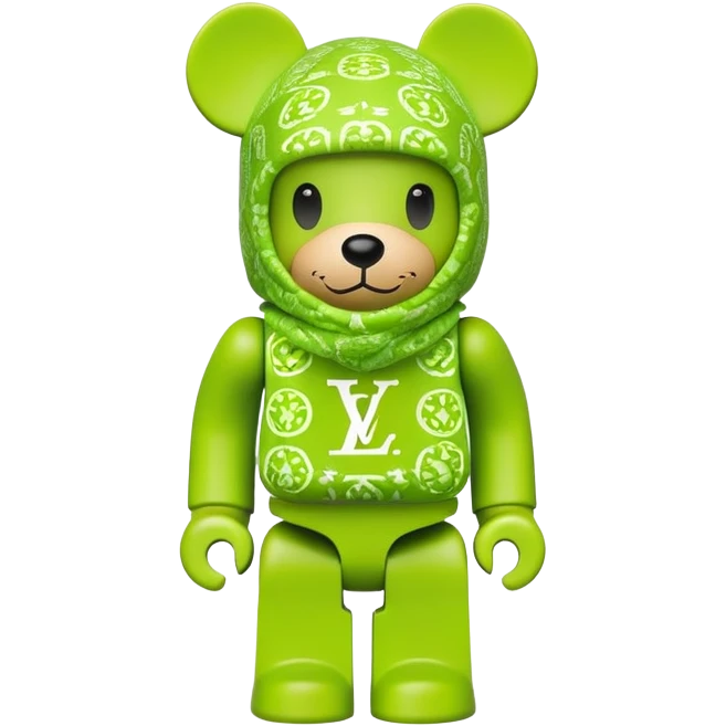 bearbrick toy wearing a lime green balaclava with LV monogram pattern emoji