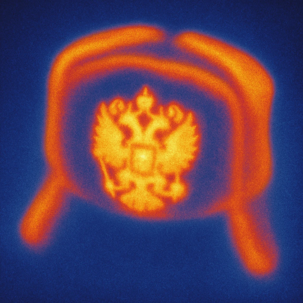 Russian hat ushank with the coat of arms of Russia, with background, thermal camera style emoji