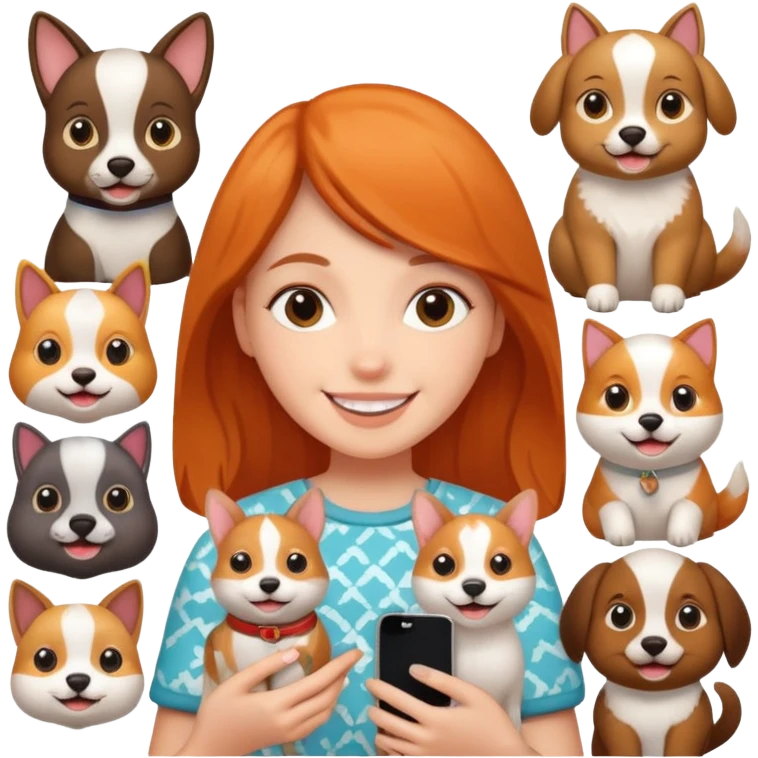 girl holding an iphone case with a pattern with pets faces  emoji