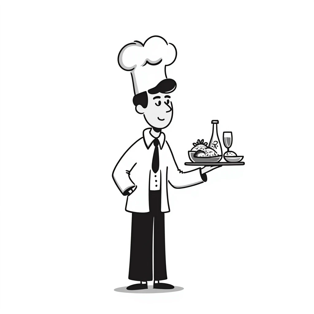 Chef in business attire with chef hat, confidently selling food products emoji