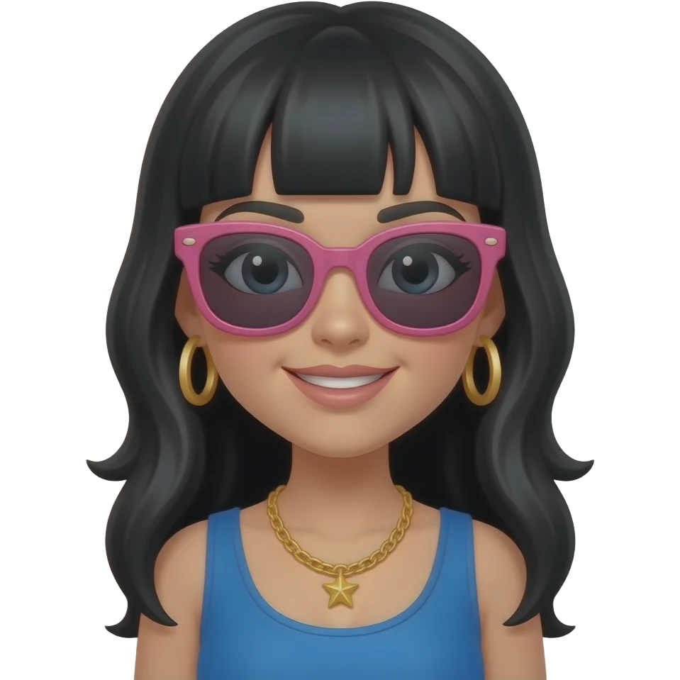 blue cloth girl with wealth with pink sunglass on top, black hair emoji