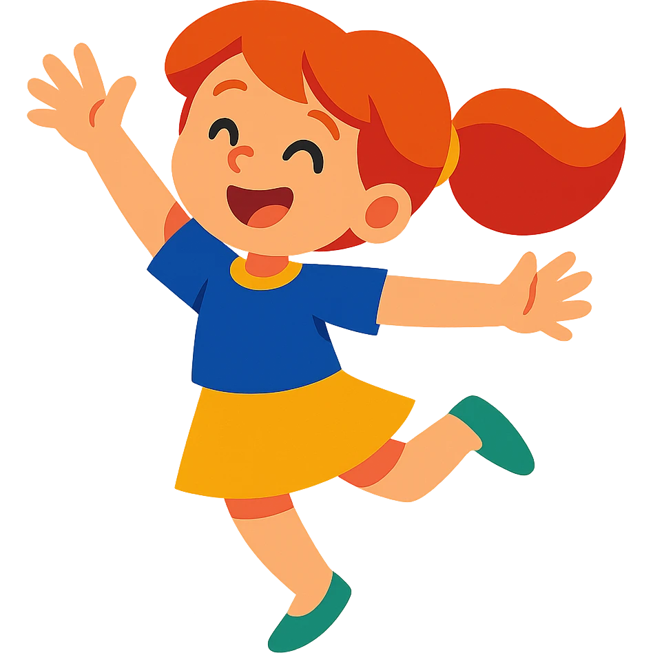 red-haired girl in a playful pose, jumping or dancing emoji
